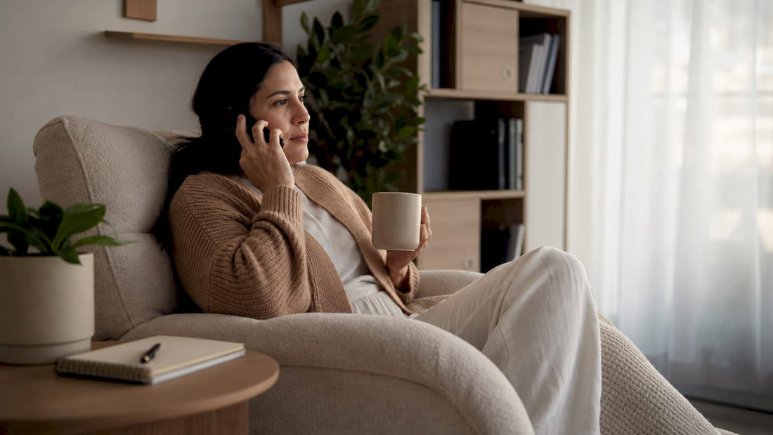 Mother receiving maternal mental health support call at home