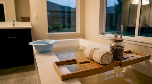 Postpartum bath setup with sitz basin and towel