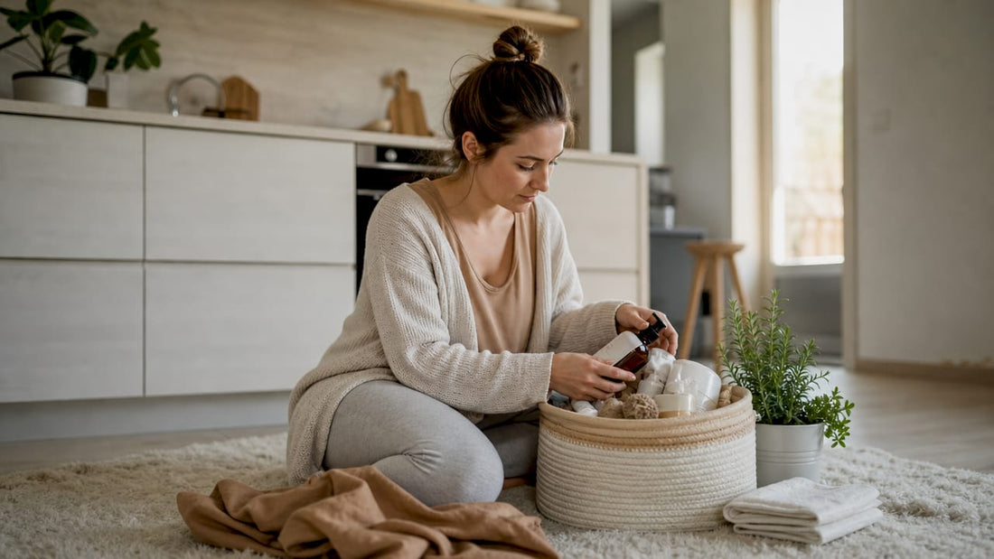 New mother organizing eco-friendly postpartum supplies
