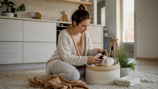 New mother organizing eco-friendly postpartum supplies