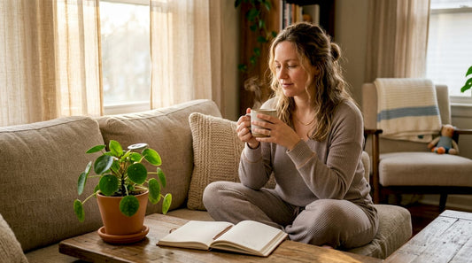 New mother practicing self-care at home with tea