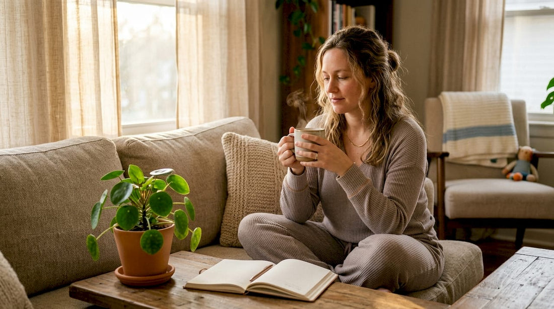 New mother practicing self-care at home with tea