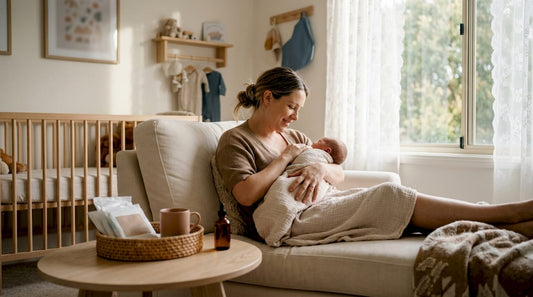 Mother cradling newborn in cozy home