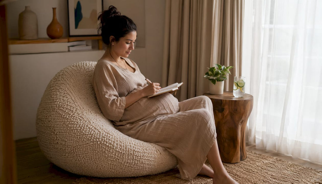 Pregnant woman journaling prenatal self-care at home