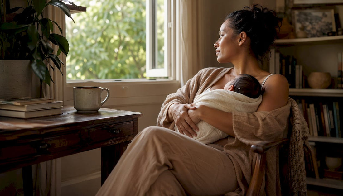 Mother holding newborn in cozy living room