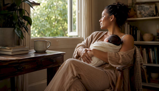 Mother holding newborn in cozy living room