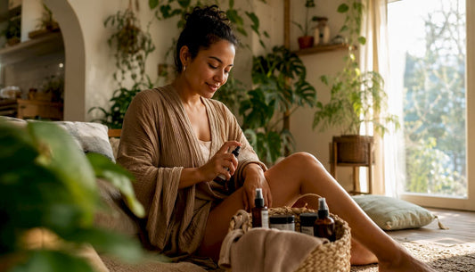 New mother applying plant-based postpartum spray at home