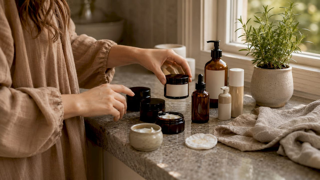 Natural pregnancy moisturisers on bathroom table