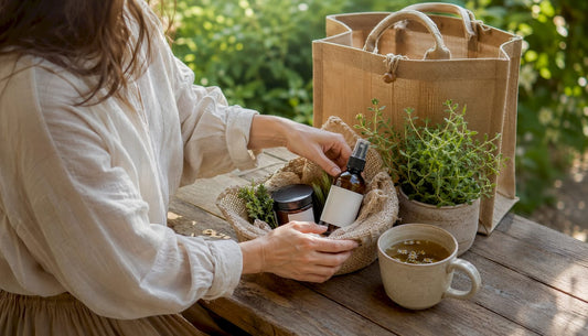 Hands assembling plant-based nursing mum gift bundle