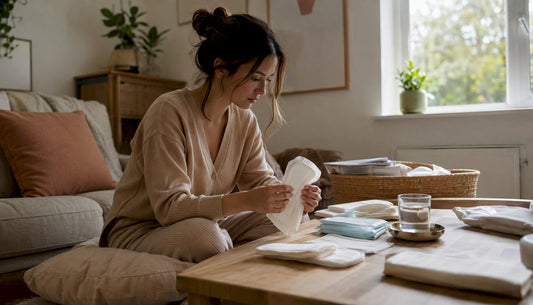 Woman sorting hospital-style postpartum maternity pads