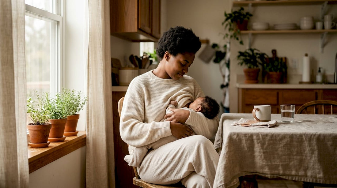 Mother breastfeeding baby gently at home
