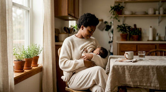Mother breastfeeding baby gently at home