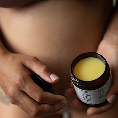 Rich pregnancy belly balm texture — kokum butter and mango butter for dry bump skin